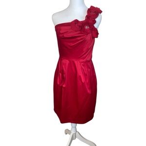 Bisou Bisou Red Satin One Shoulder Rosette Jewel Cocktail Dress Size 8 Dance EUC